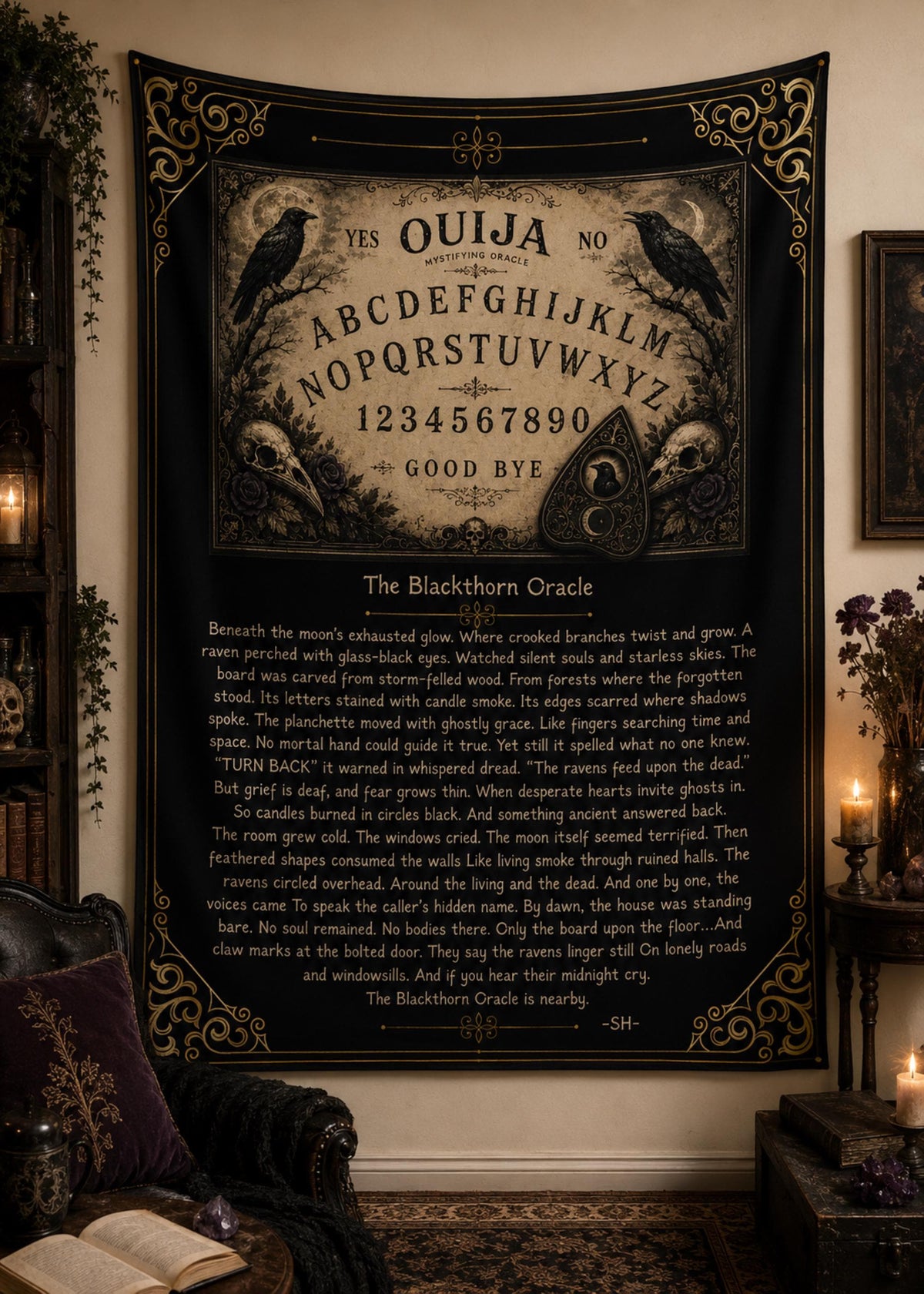 Ouija Board Dark Academia Supernatural Altar Cloth The Blackthorn Oracle Poem Tapestry Vintage Occult Blackwork Gothic Whimsigoth Witch Item