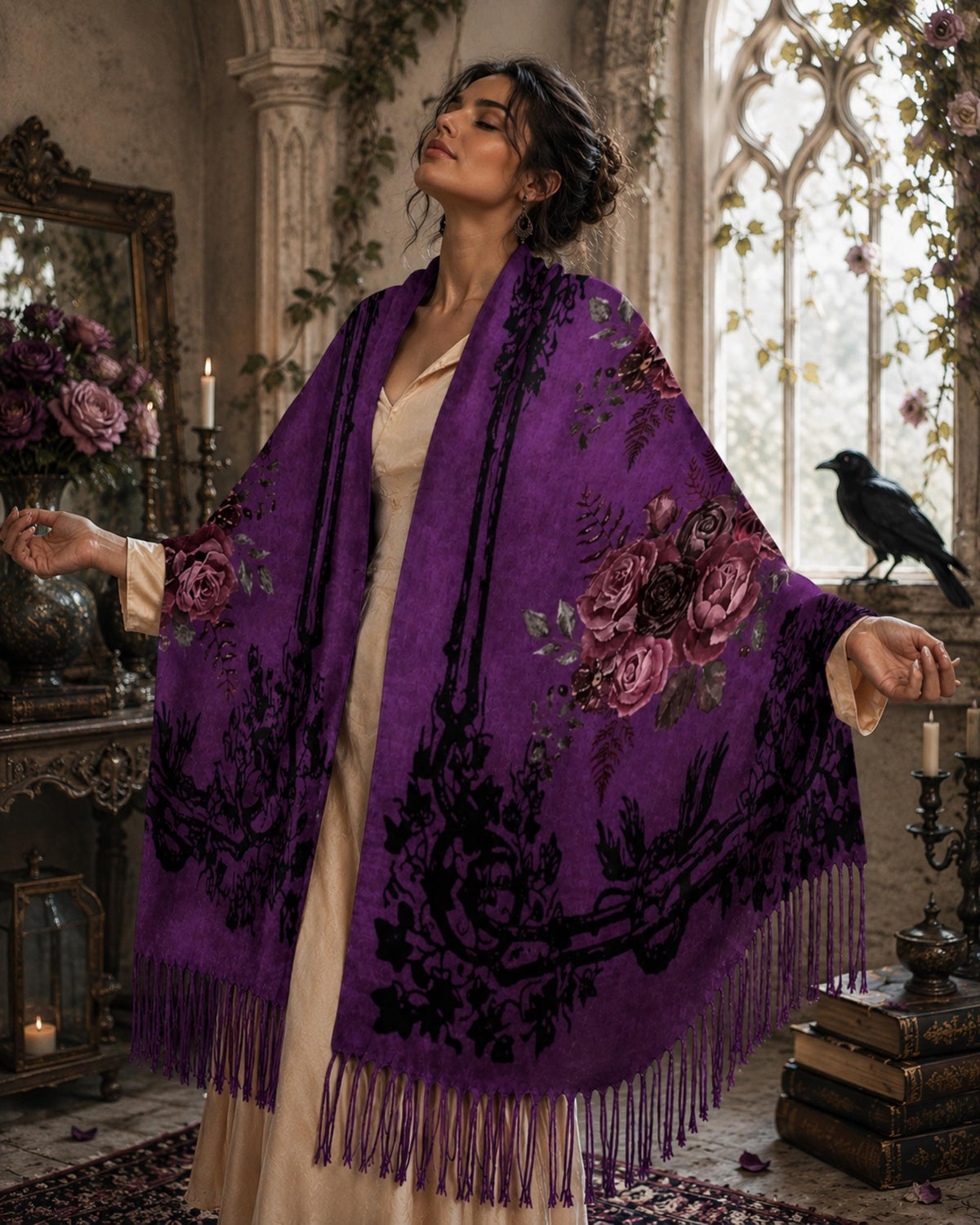 Dark Romance Gothic Gift for Holiday Winter Scarf Gift for Mom Witchy Shawl for Pagan Festival Romantic Victorian Soft Habotai Pashmina Wrap