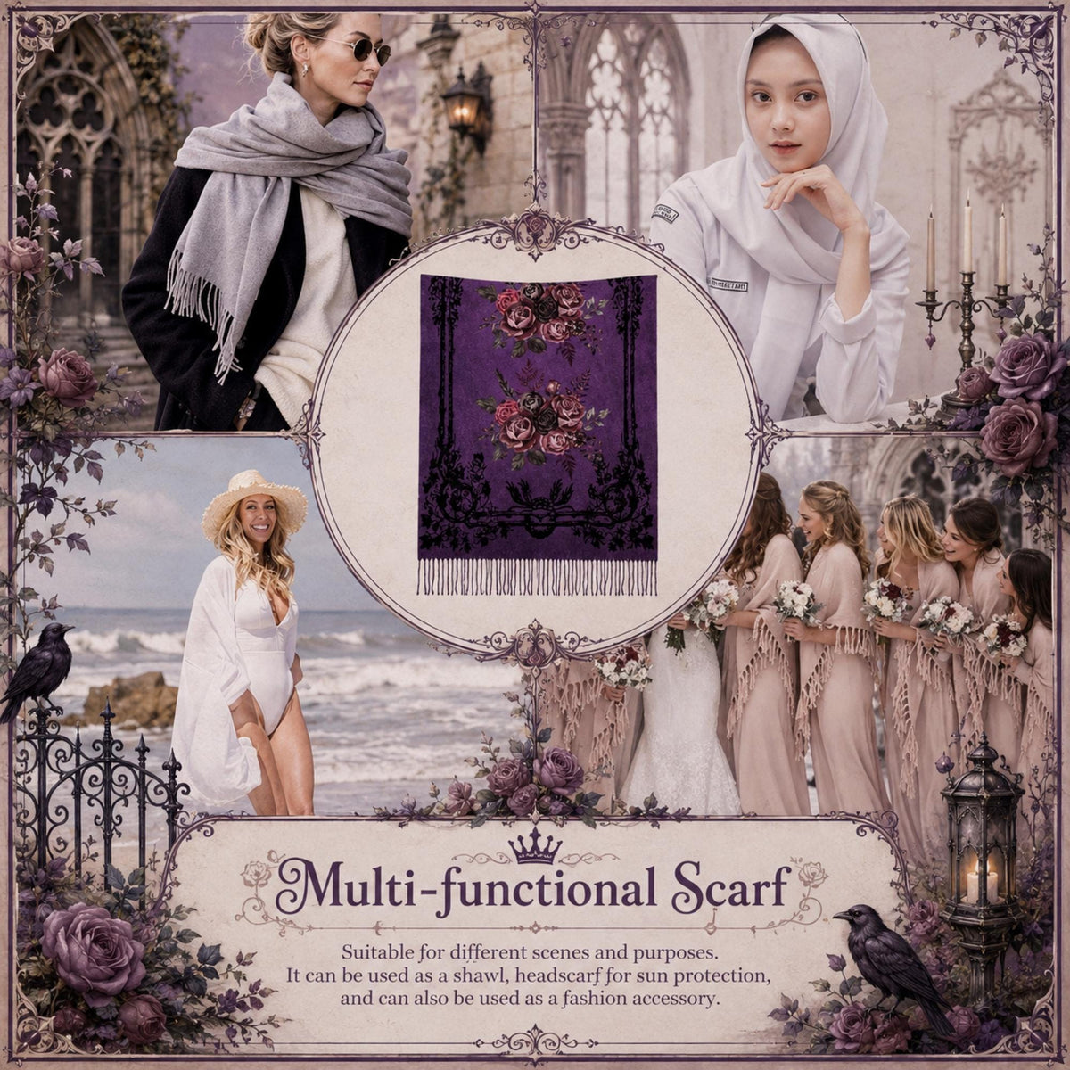 Dark Romance Gothic Gift for Holiday Winter Scarf Gift for Mom Witchy Shawl for Pagan Festival Romantic Victorian Soft Habotai Pashmina Wrap
