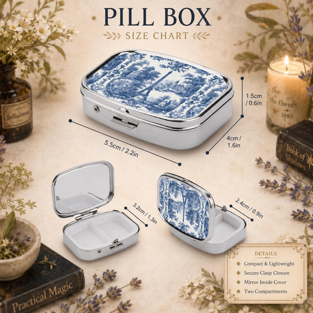French Country Farmhouse Pocket Mirror & Pill Box