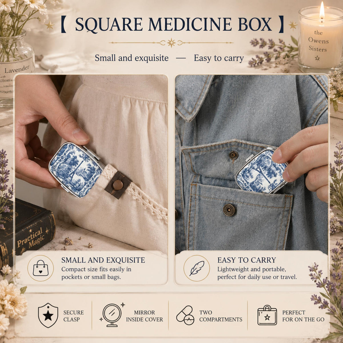 French Country Farmhouse Pocket Mirror & Pill Box
