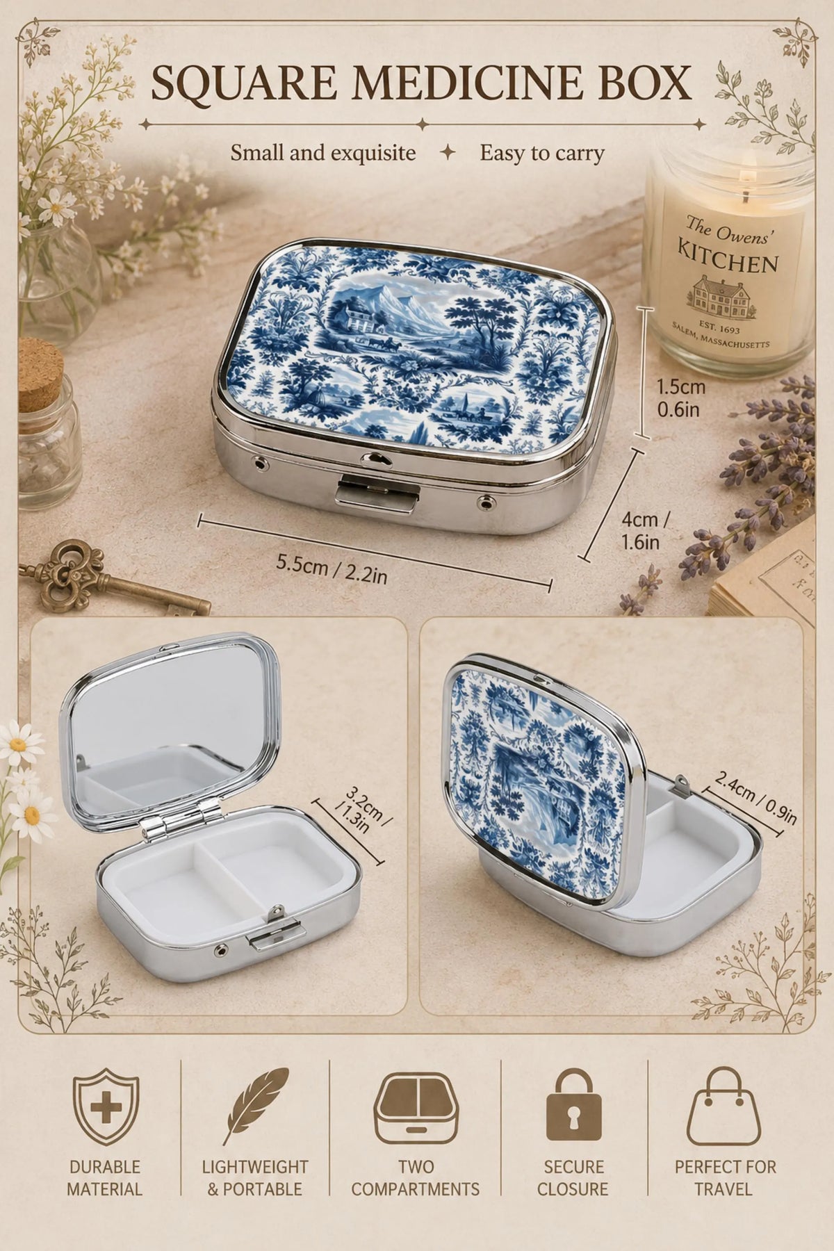 French Country Farmhouse Pocket Mirror & Pill Box