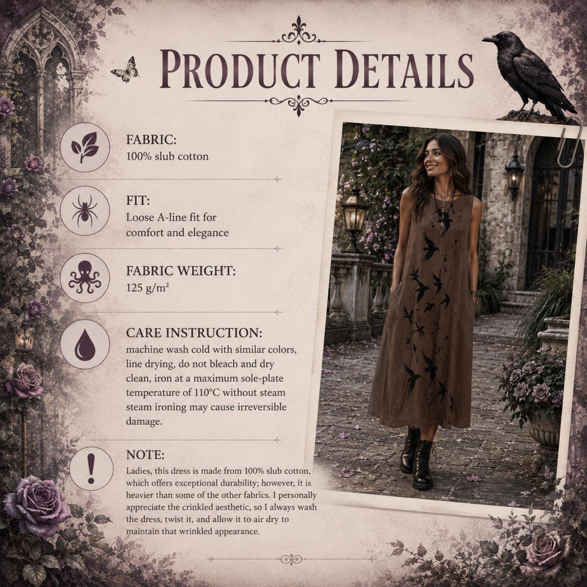Plus Size Witchy Clothes Gift Idea for Holidays Gothic Slub Cotton Sleeveless Dress with Pockets Pagan Crow Lover Gift for Halloween Party