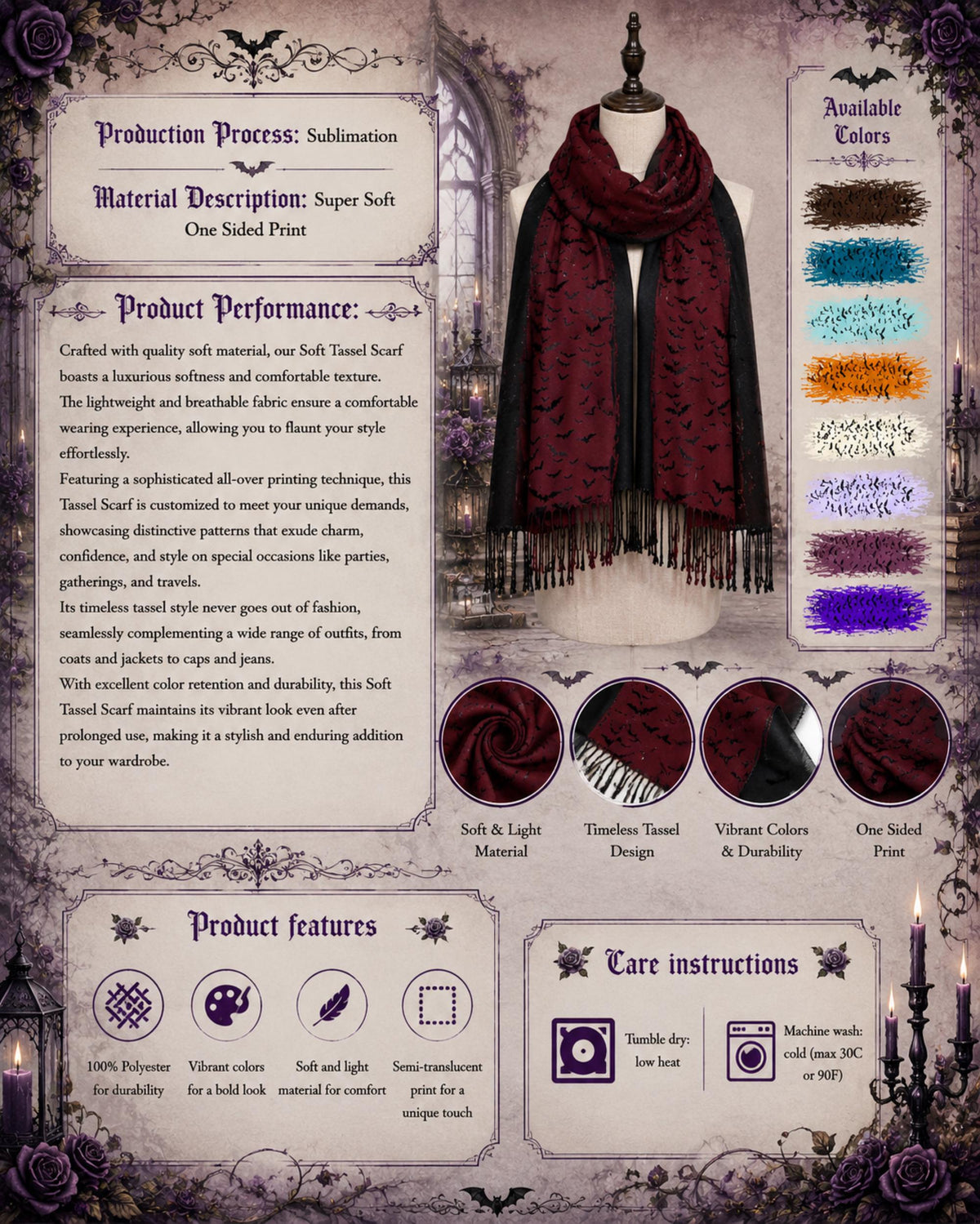 Witchy Gothic Outerwear Cloud of Bats Gothic Clothing Pagan Gift Flock of Birds Bat Shawl Oxblood Bat Tassel Scarf Gothic Halloween Fashion
