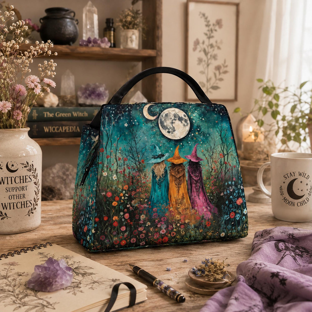 A witch-themed canvas tote bag with a black handle, featuring an illustration of three witches under a full moon in a magical forest. The bag is styled on a wooden table surrounded by cozy, boho-wiccan props including a ceramic mug, a notebook, crystals, and dried flowers.