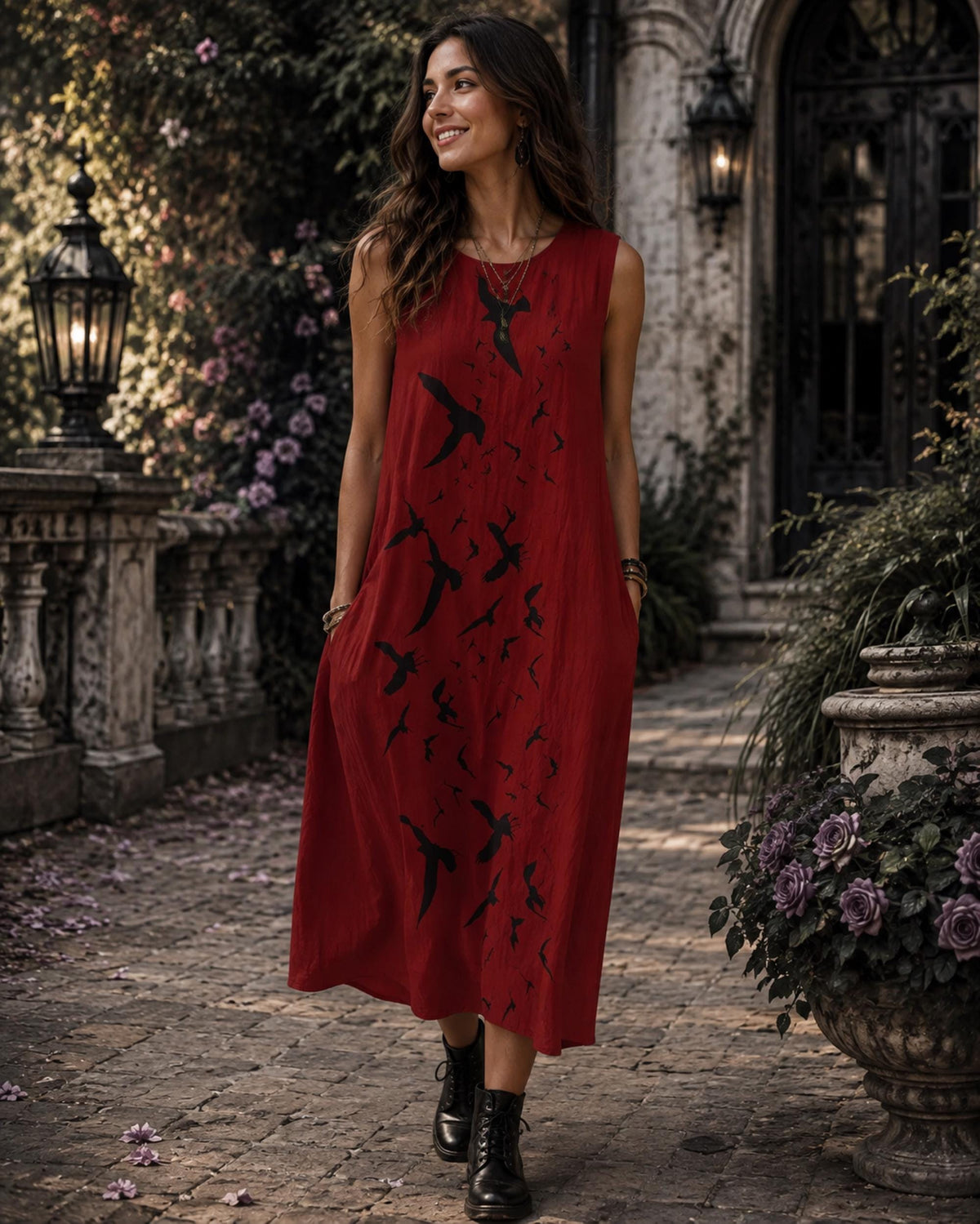 Plus Size Witchy Clothes Gift Idea for Holidays Gothic Slub Cotton Sleeveless Dress with Pockets Pagan Crow Lover Gift for Halloween Party