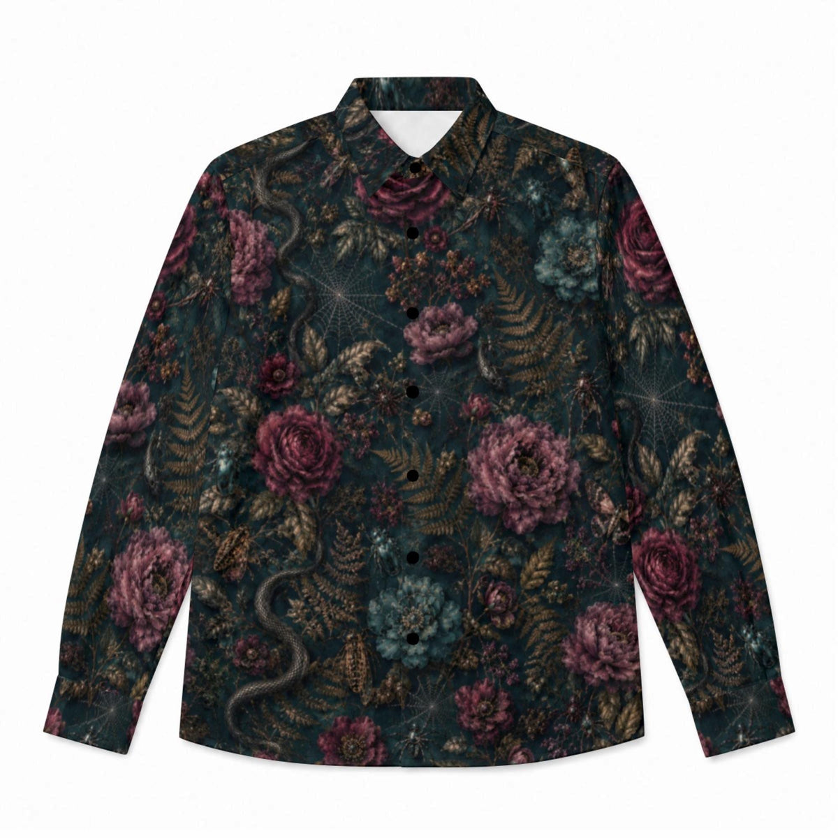 Dark Romance Satin Mens Shirt for Boyfriend Whimsigoth Snake Spider Crows surrounded by Roses Dark Academia Clothing for Grandpa Dad Brother