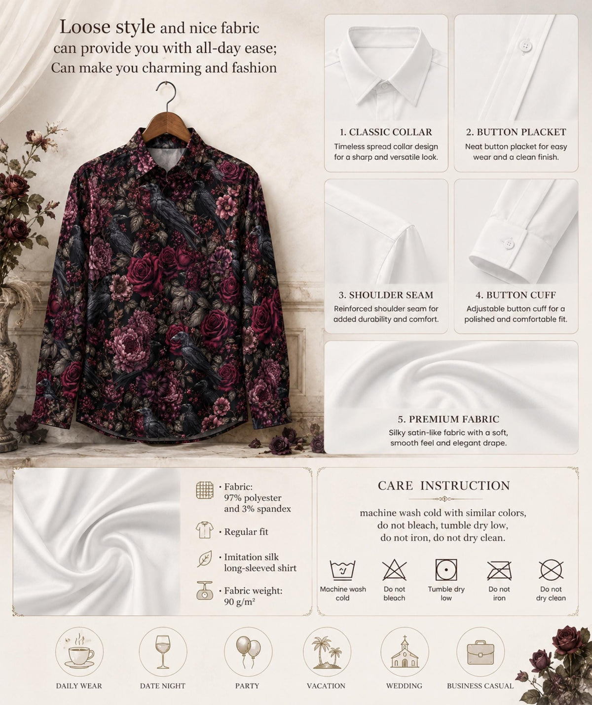 Dark Romance Satin Mens Shirt for Boyfriend Whimsigoth Snake Spider Crows surrounded by Roses Dark Academia Clothing for Grandpa Dad Brother