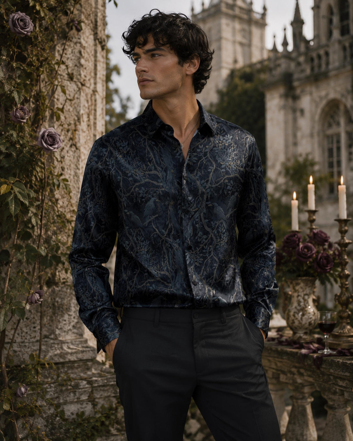 Dark Romance Satin Mens Shirt for Boyfriend Whimsigoth Snake Spider Crows surrounded by Roses Dark Academia Clothing for Grandpa Dad Brother