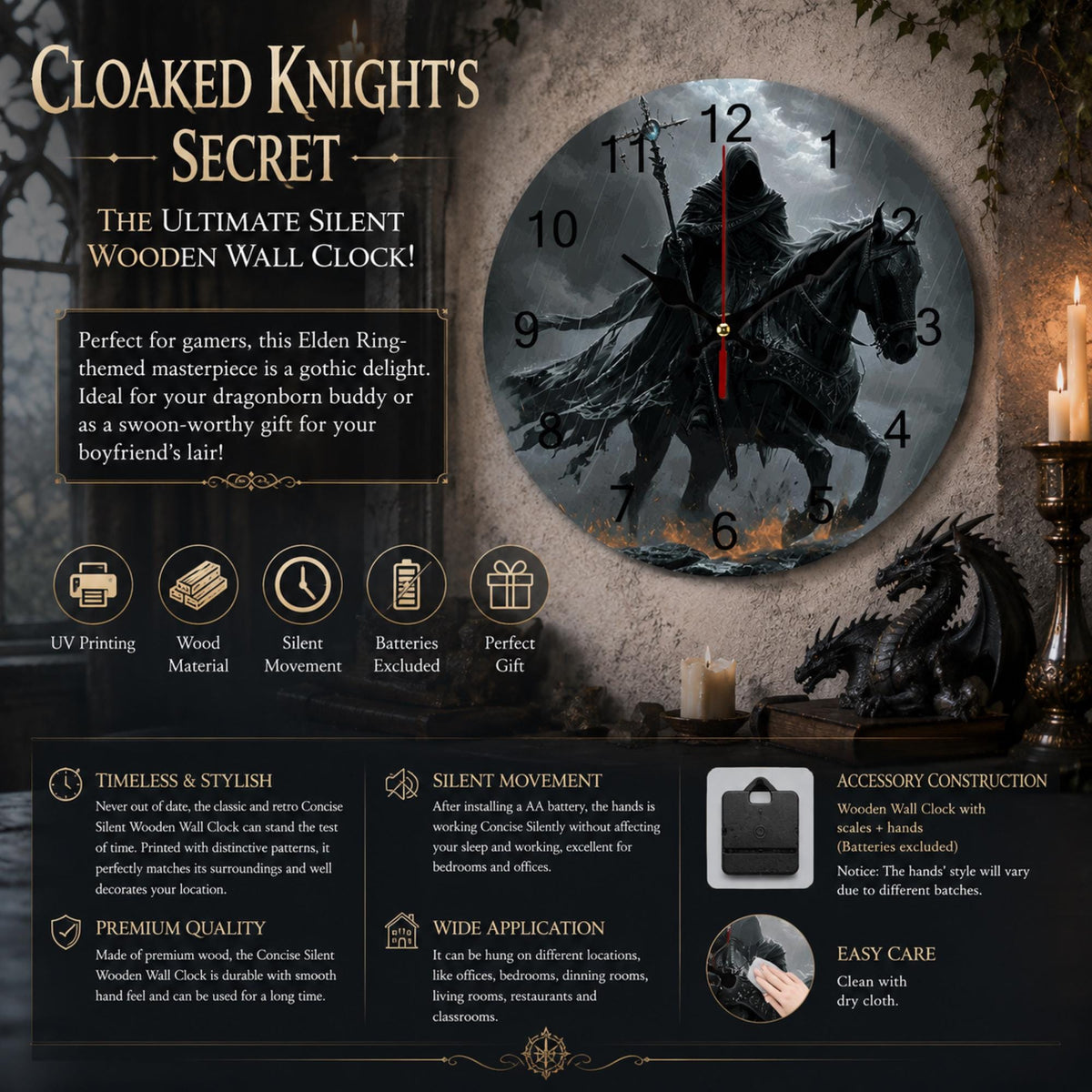 Elden Ring Inspired Wooden Wall Clock Dragonborn Gamer Decor Elden Ring Gifts Dark Souls Warrior King Age of Sigmar Gothic Decor Mordheim