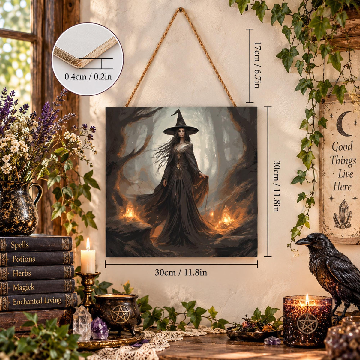 Vintage Witch Square Wood Wall Decor for Halloween Witchcraft Art Pagan Celebration Gift Idea for Mom Occult Decor Moon Goddess Wiccan Art