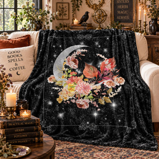 Moody Cottagecore Gift Idea for Halloween Moon Floral Crushed Velvet Blanket Crescent Moon Pillowcase Dark Academia Romantic Dark Decor