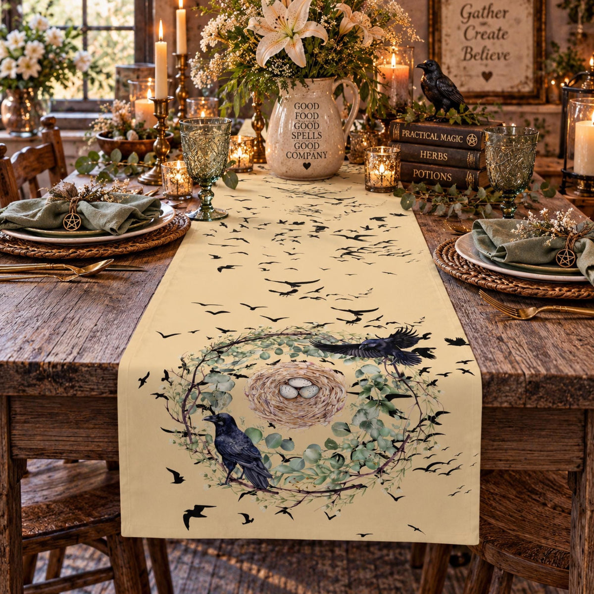 Great Fall Host Gift! Murder of Crows Table Runner for Fall Festival Witchy Decor Crows Nest Light Academia Gothic Holiday Gift Idea for Mom