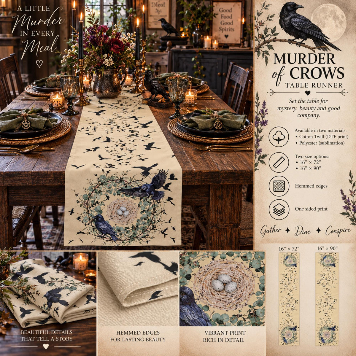 Great Fall Host Gift! Murder of Crows Table Runner for Fall Festival Witchy Decor Crows Nest Light Academia Gothic Holiday Gift Idea for Mom