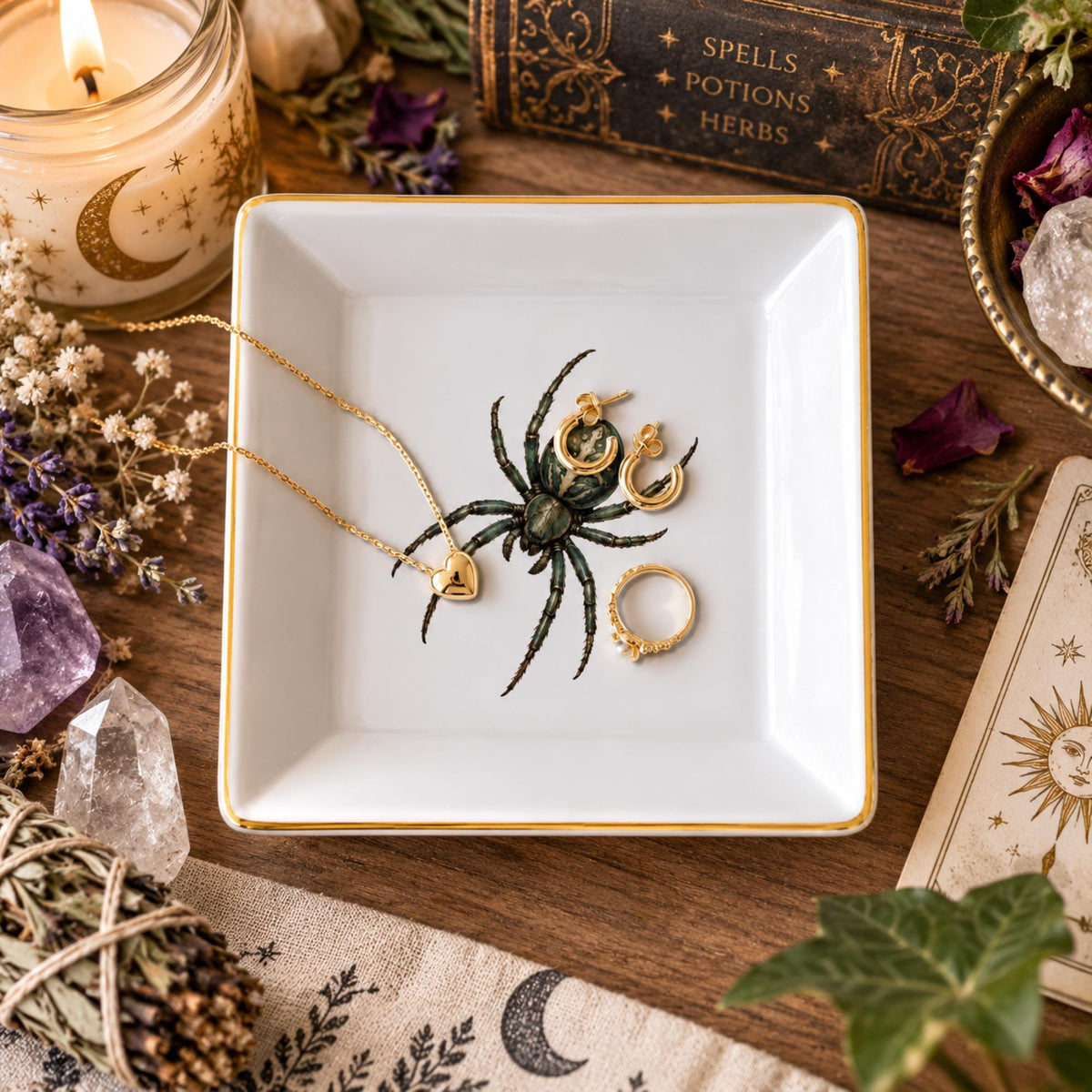 Overhead view of a white square gold-rimmed spider jewelry dish holding a necklace and earrings and a ring.