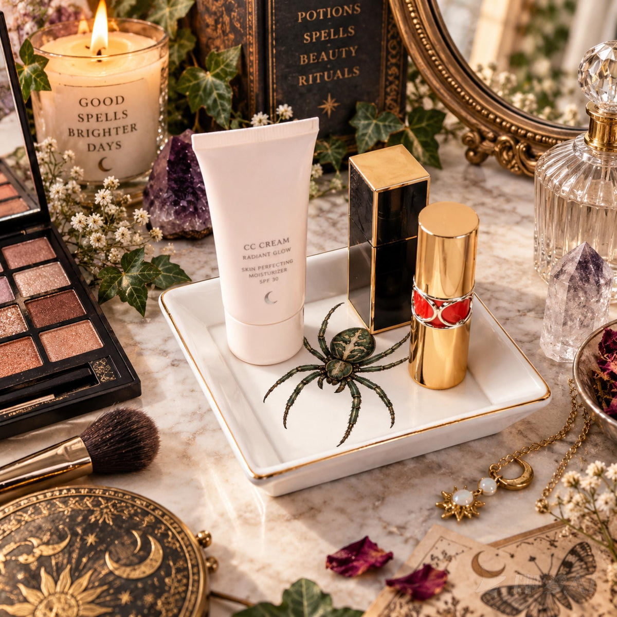 White square spider jewelry dish holding cosmetics on a vanity beside a mirror and candle.