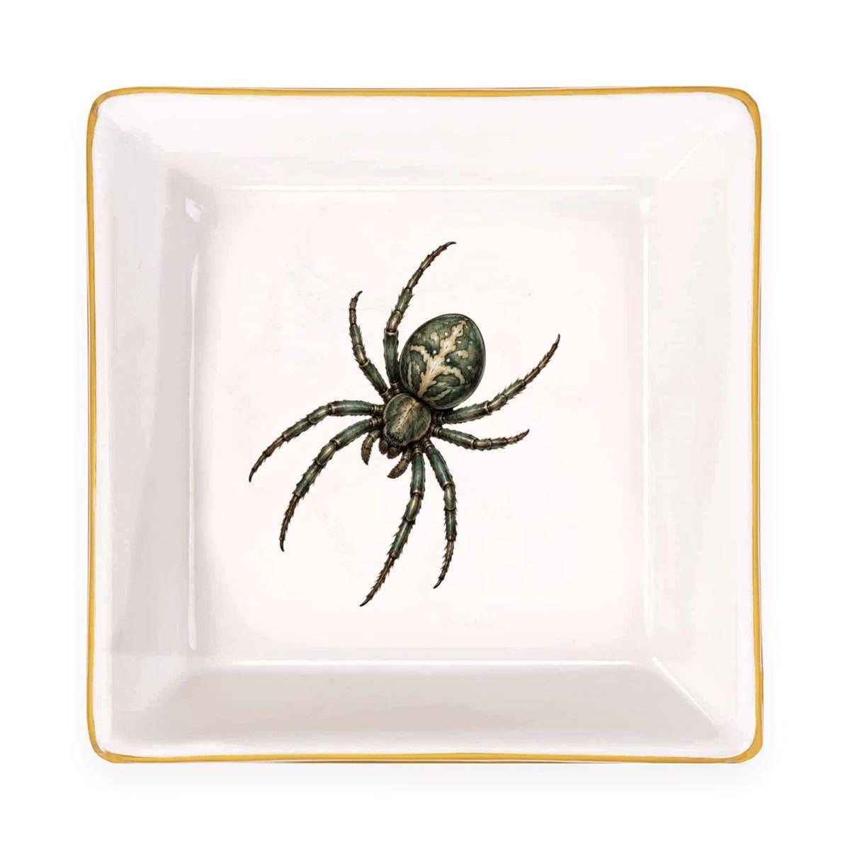 Top view of an empty white square jewelry dish with a green spider motif and gold rim against a white background.