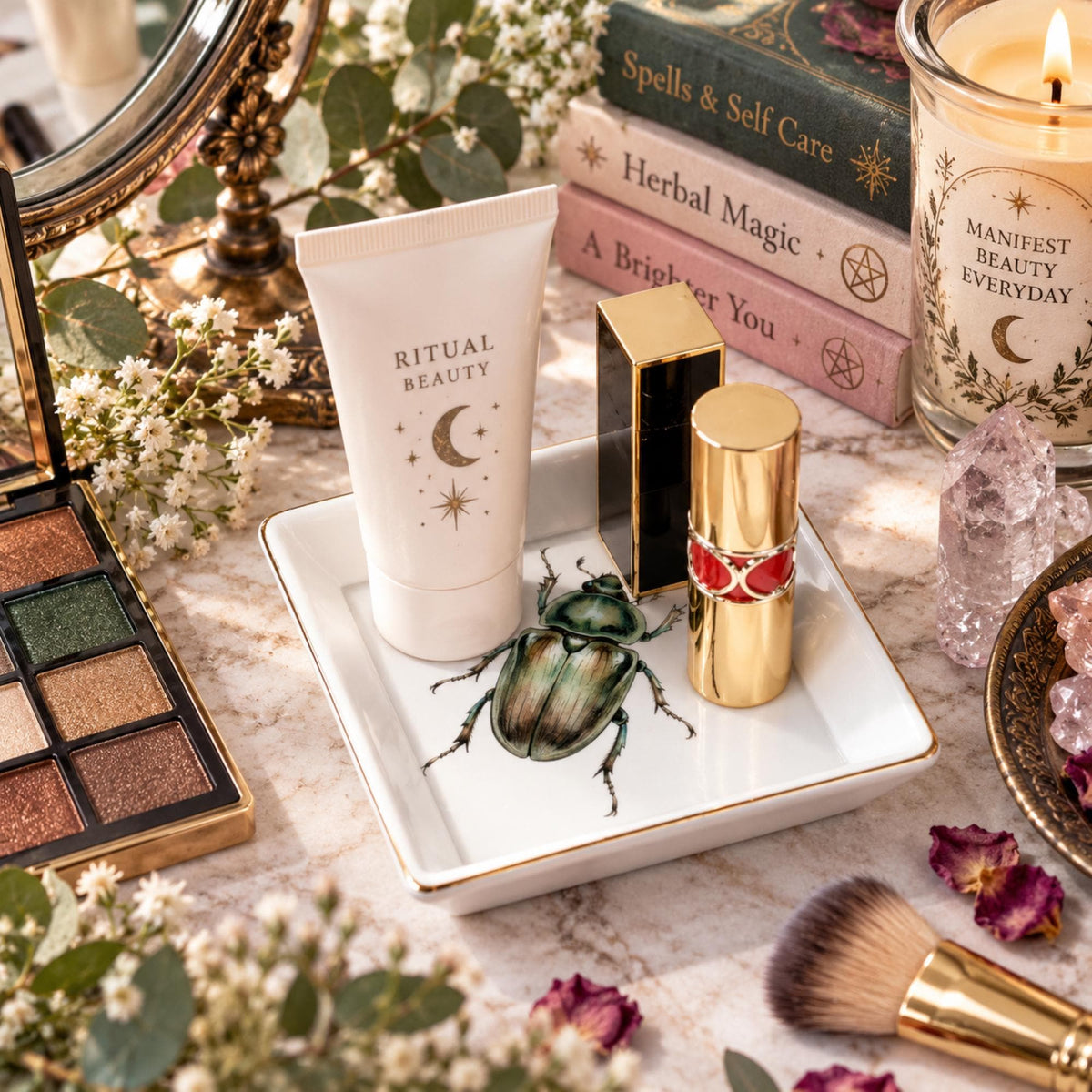 White square beetle jewelry dish holding cosmetics on a vanity beside a mirror and candle.