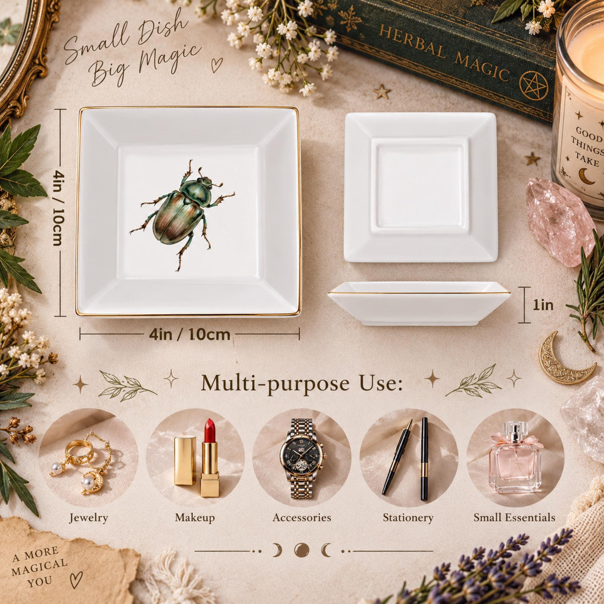 Beetle jewelry dish size chart with top and underside and side views showing 4-inch width and 1-inch height.