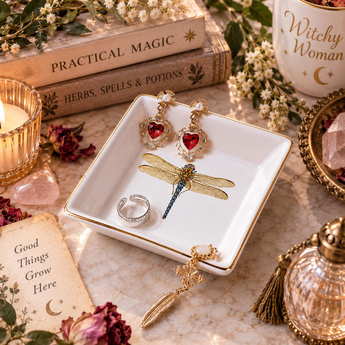 White gold-rimmed dragonfly jewelry dish viewed at an angle holding red heart earrings and a silver ring.