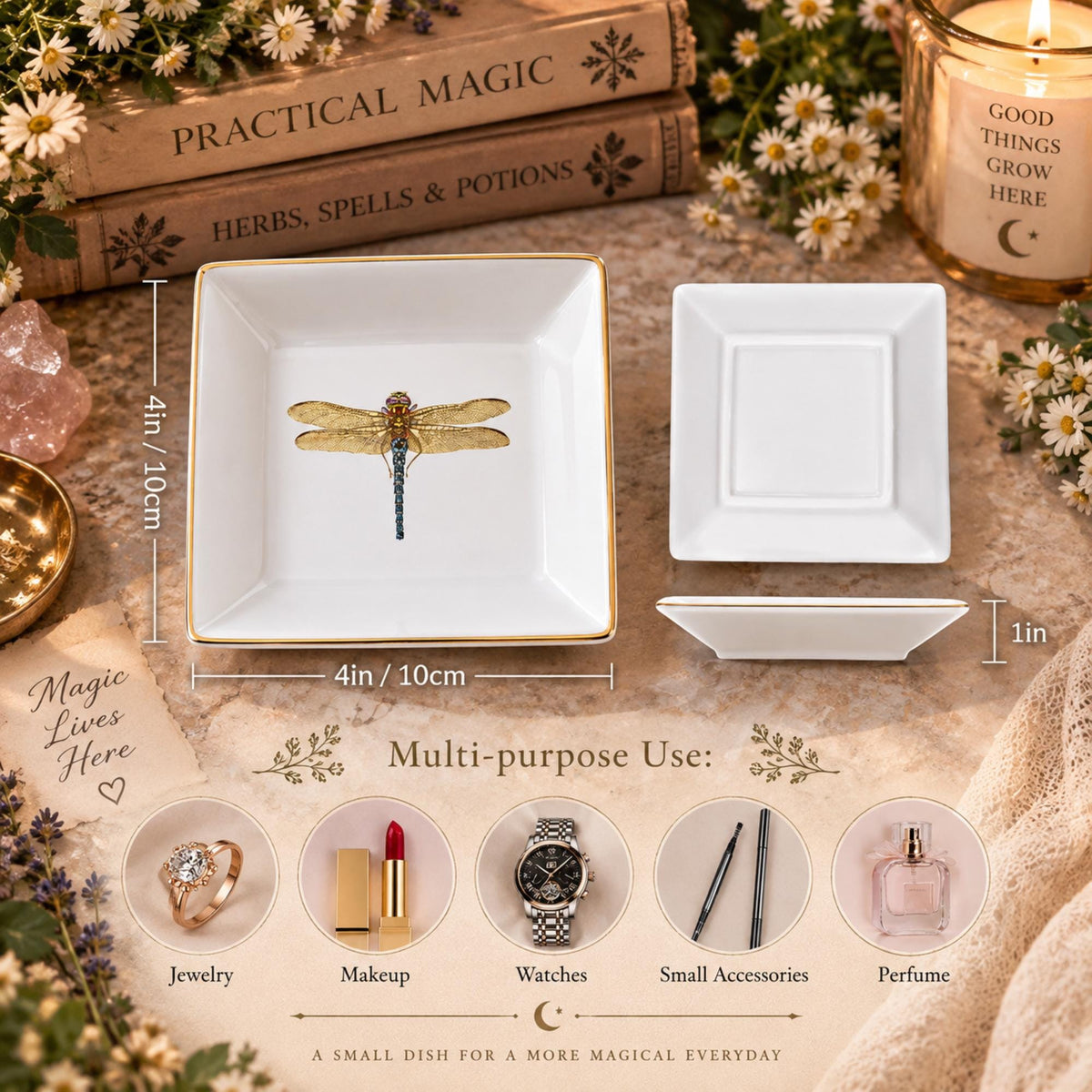 Dragonfly jewelry dish size chart with top and underside and side views showing 4-inch width and 1-inch height.