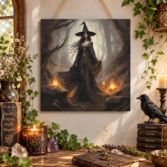 Vintage Witch Square Wood Wall Decor for Halloween Witchcraft Art Pagan Celebration Gift Idea for Mom Occult Decor Moon Goddess Wiccan Art