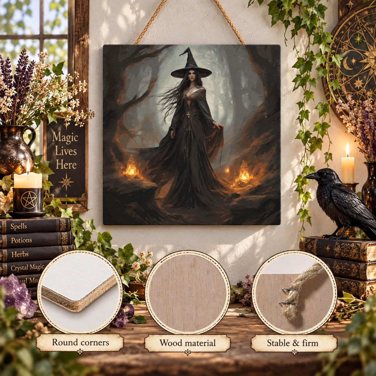 Vintage Witch Square Wood Wall Decor for Halloween Witchcraft Art Pagan Celebration Gift Idea for Mom Occult Decor Moon Goddess Wiccan Art