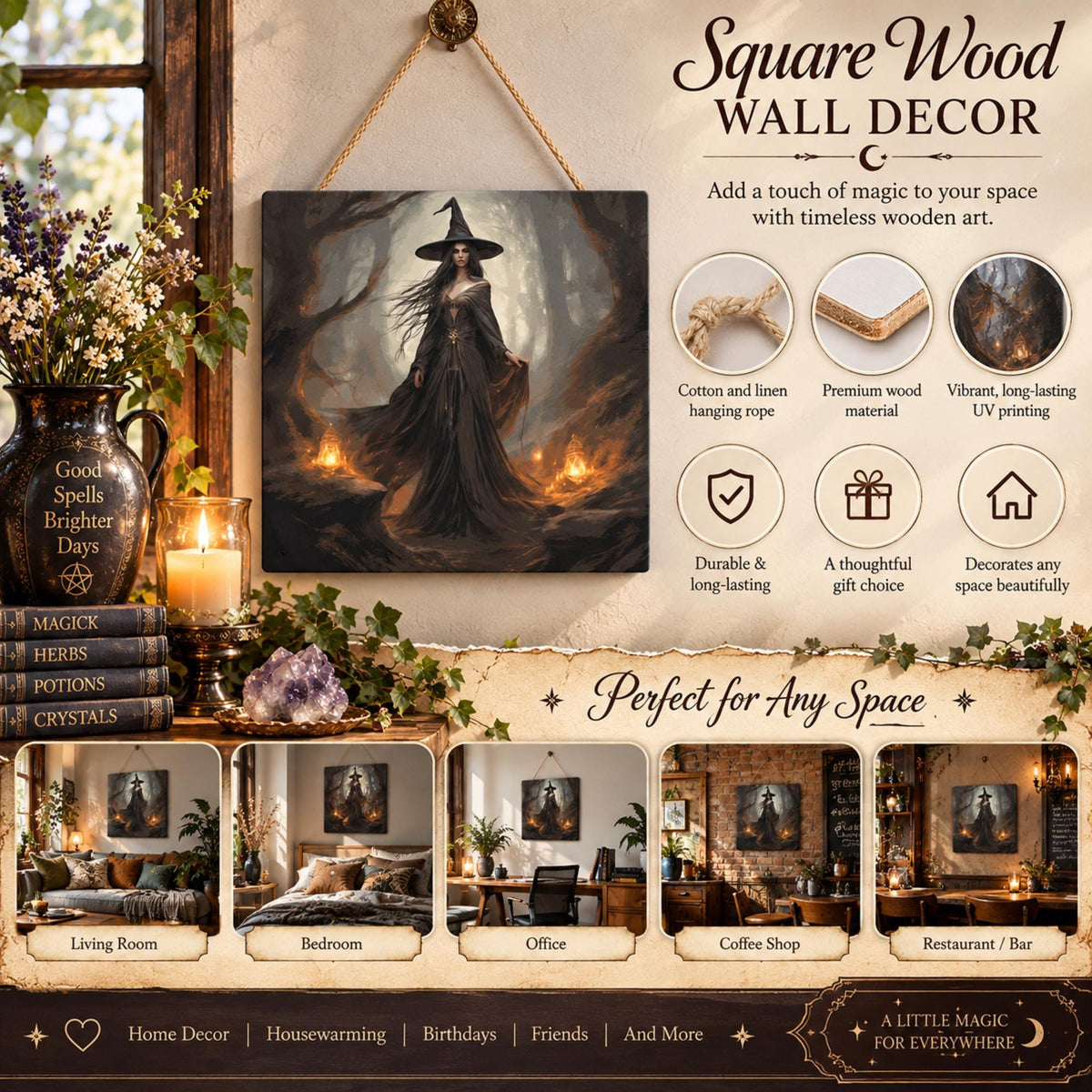 Vintage Witch Square Wood Wall Decor for Halloween Witchcraft Art Pagan Celebration Gift Idea for Mom Occult Decor Moon Goddess Wiccan Art
