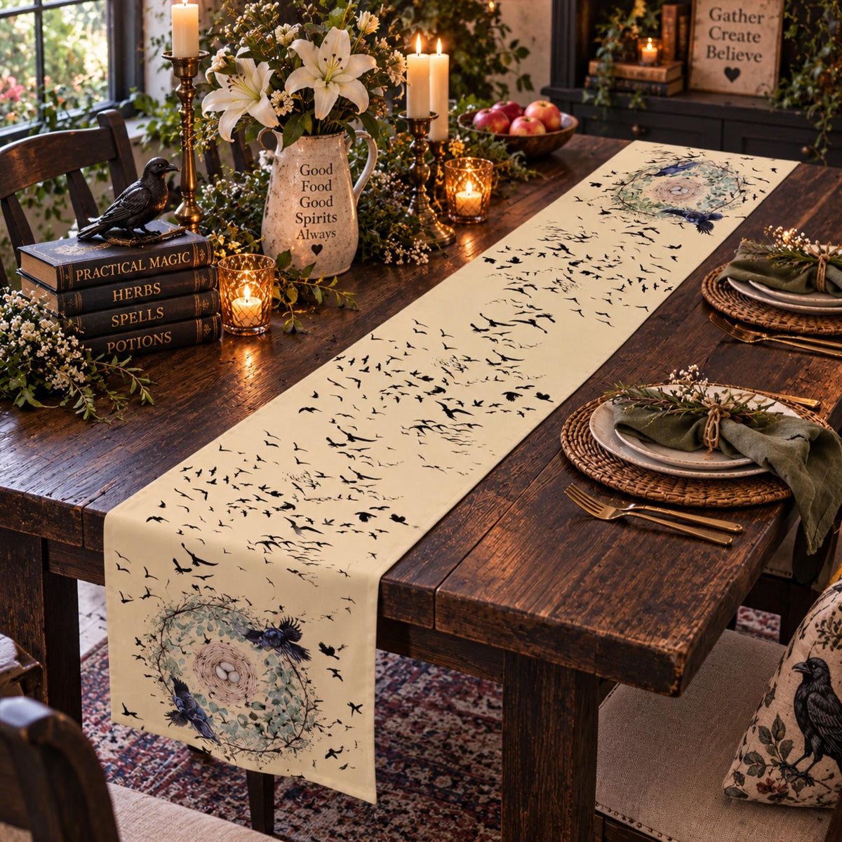 Great Fall Host Gift! Murder of Crows Table Runner for Fall Festival Witchy Decor Crows Nest Light Academia Gothic Holiday Gift Idea for Mom