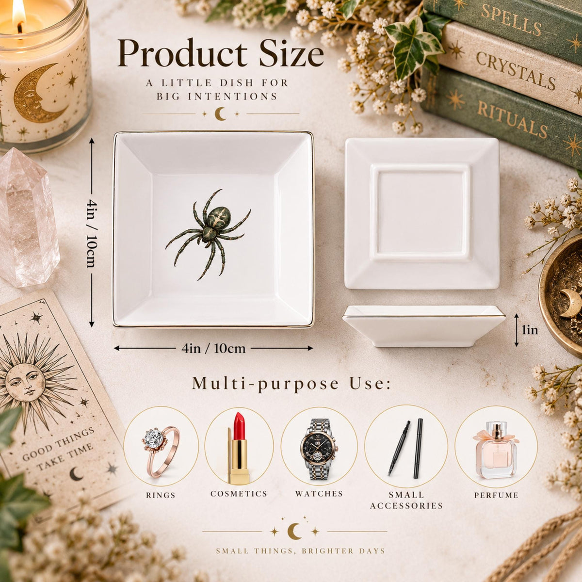 Spider jewelry dish size chart with top and underside and side views showing 4-inch width and 1-inch height.