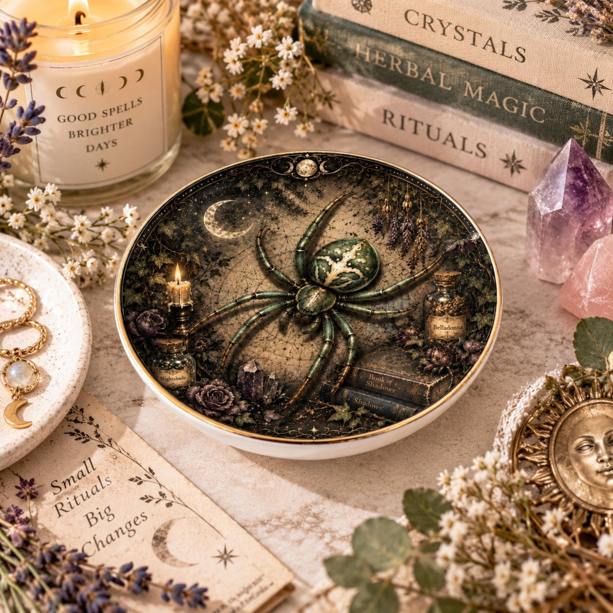 Angled view of a round gold-rimmed spider jewelry dish with a dark botanical scene beside crystals and books.