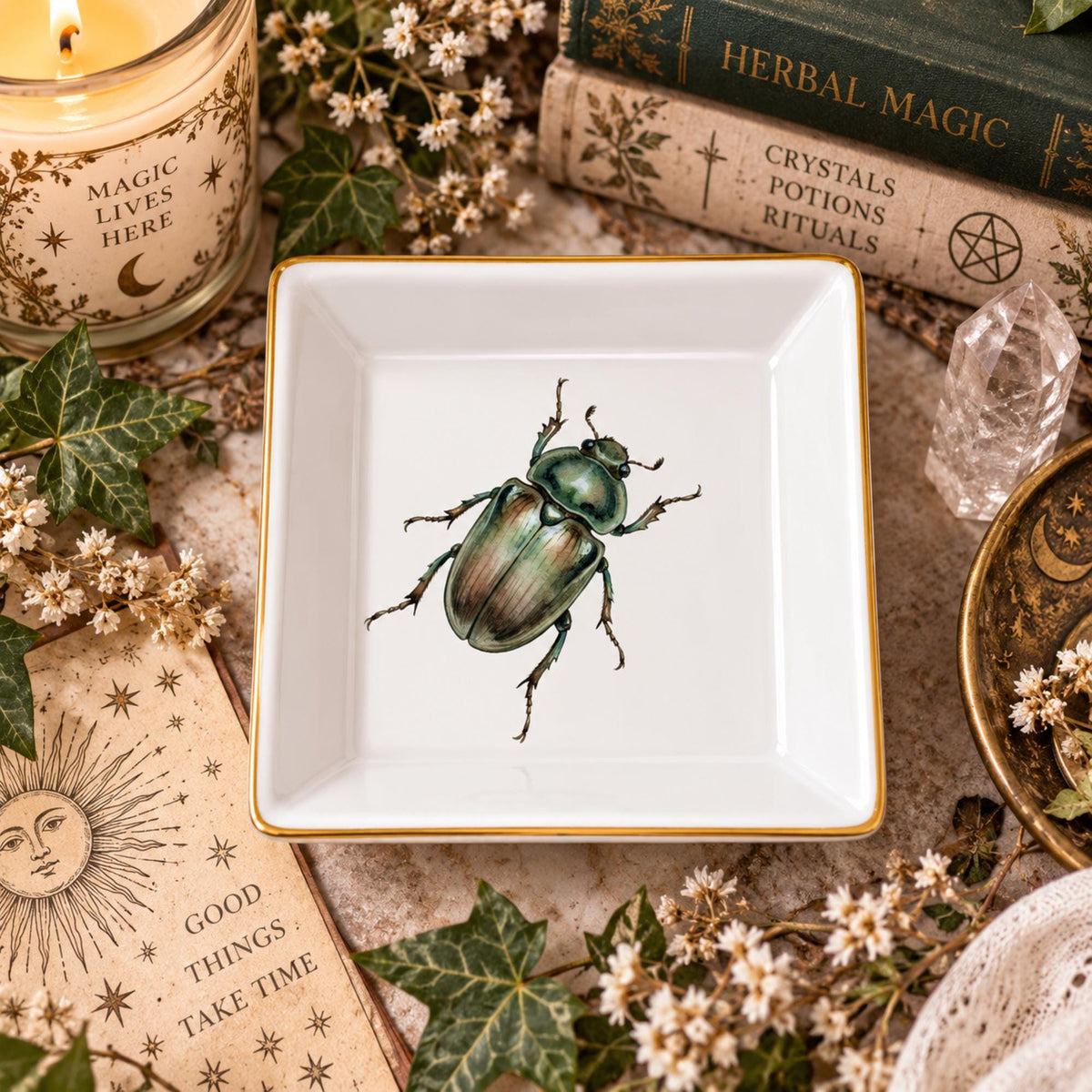 Overhead view of an empty white square beetle jewelry dish with gold trim beside crystals and botanical books.