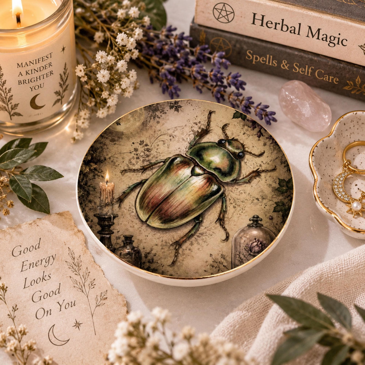 Angled view of a round gold-rimmed beetle jewelry dish with a vintage botanical scene beside books and a candle.