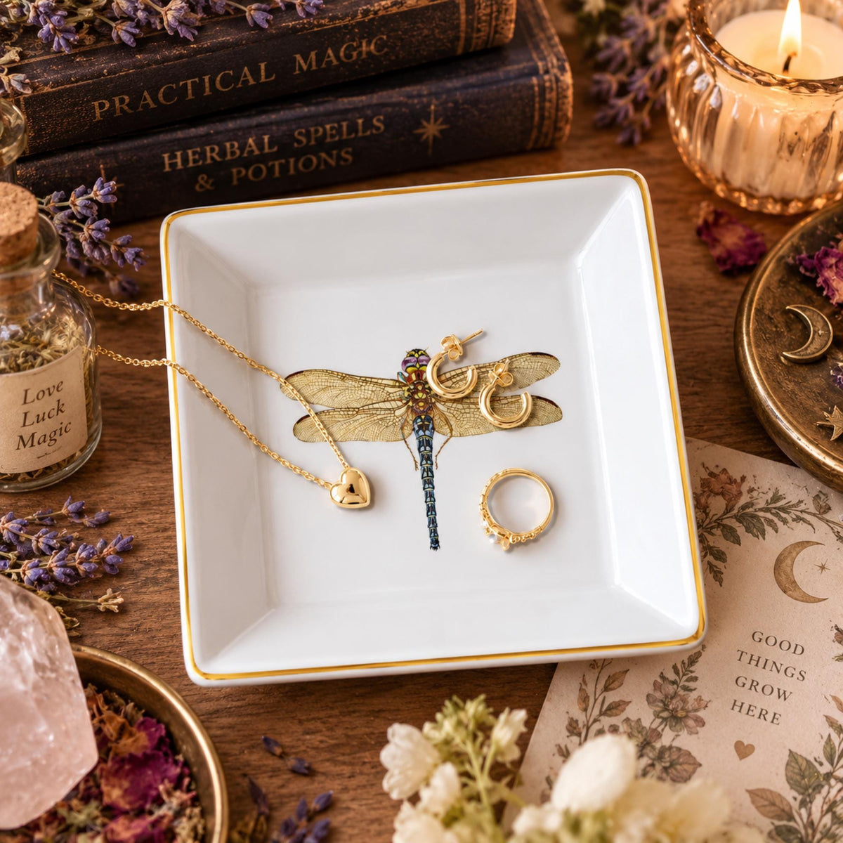 Overhead view of a white square gold-rimmed dragonfly jewelry dish holding a necklace and earrings and a ring.