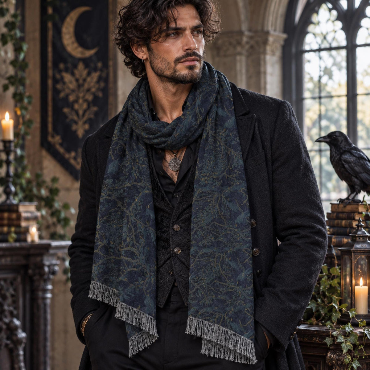 Fall Fashion Gift for Him William Morris Inspired Lightweight Dark Academia Shawl Crow Wrap Men & Women Designer Scarf Fashion Accessory