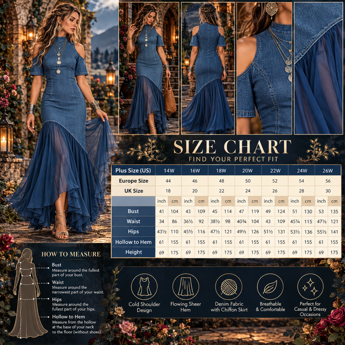 Denim-Look Cold-Shoulder Maxi Dress with Sheer Hem