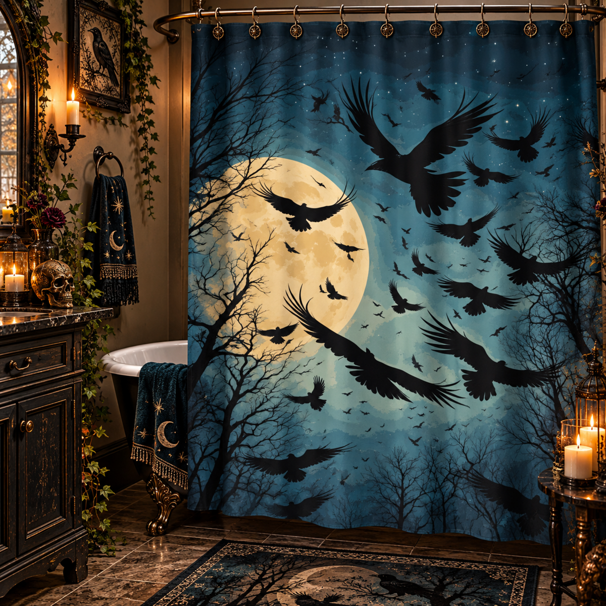 Midnight Moon Crow Shower Curtain