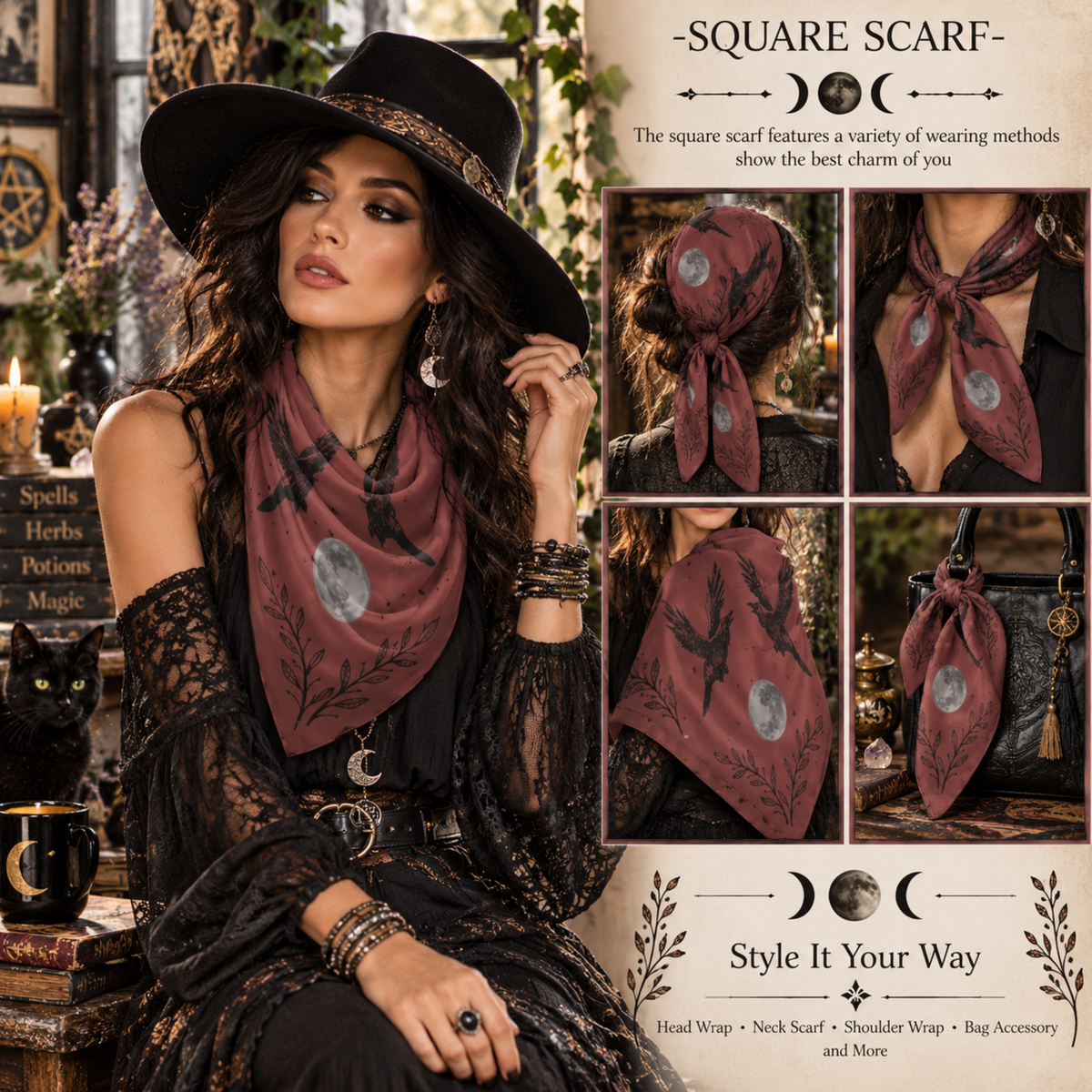 Magical Witch Square Gift for Mom Mystical Head Scarf for Gothic Halloween
